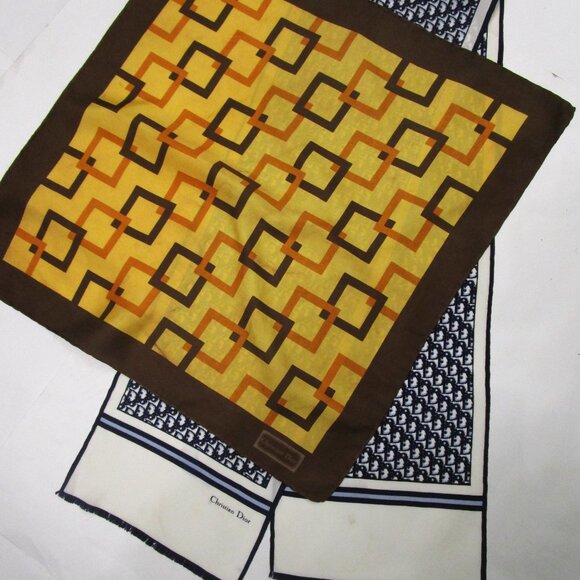 2 Silk Scarfs Logo Navy Oblong Rolled Hem French Designer - Picture 2 of 16